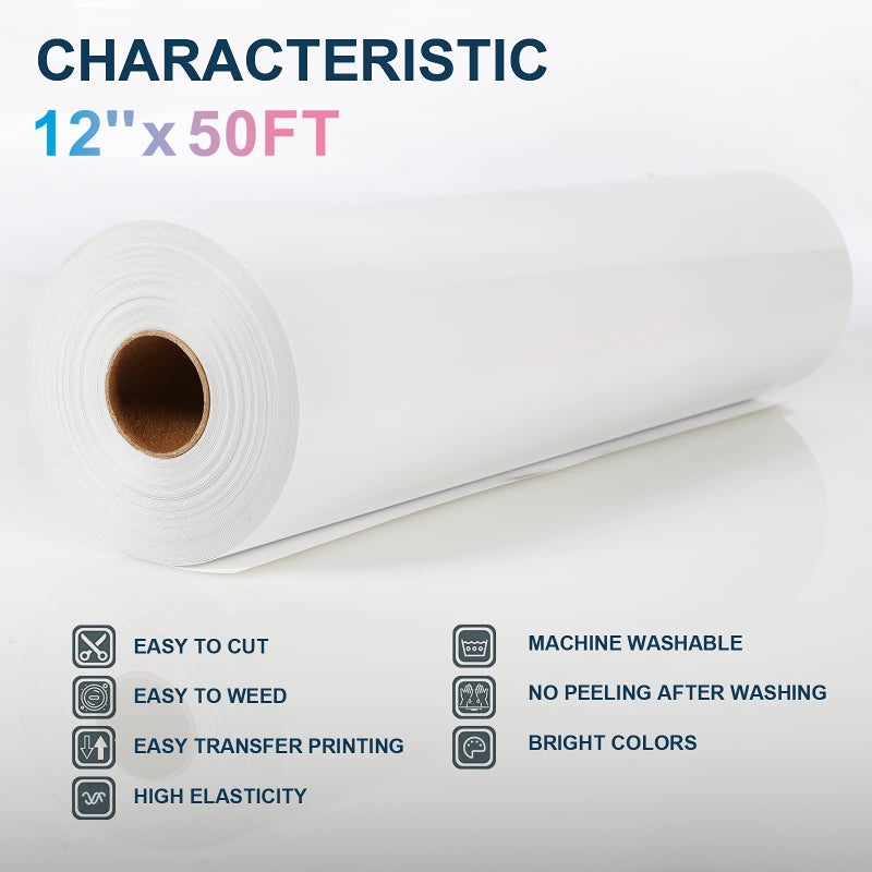 XSEINO Heat Transfer Vinyl Roll  12"" x 50FT White HTV Vinyl Roll with Teflon for Shirts  White Iron on Vinyl Roll for Cricut & Cameo  Easy to Cut for Heat Transfer Vinyl Design (White) - Image 2